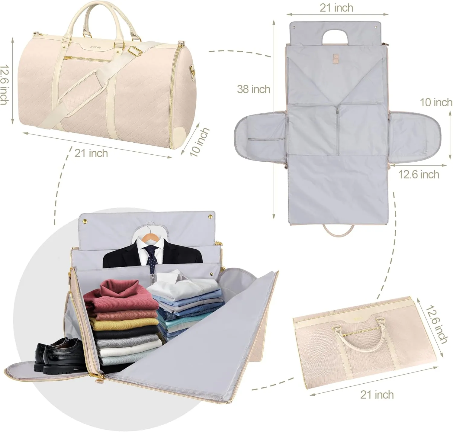 Garment Bags for Travel, Carry-On Suit Bag, Convertible Garment & Duffel Bag with Shoe Compartment, Perfect for Business Trips & Weekend Getaways,New Beige