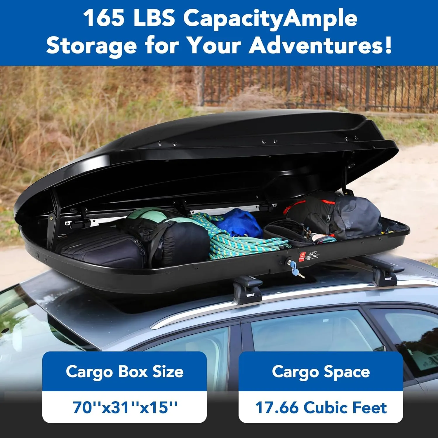 Garvee Heavy Duty Hard Shell Roof Top Cargo Carrier - 70(L) x31(W) x15(H) Waterproof Lockable Storage Box Capacity 165 Lbs 17.7 Cu Ft - Tool-Free Install- Fits SUV, Truck, Van