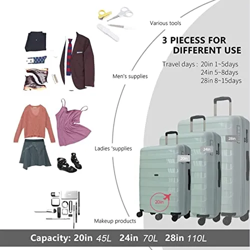 GinzaTravel Expandable Small Suitcase with 4 Double Spinner Wheels and TSA Lock, Lightweight Hard Shell PP Material Travel Carry-on Cabin Luggage, Light Green