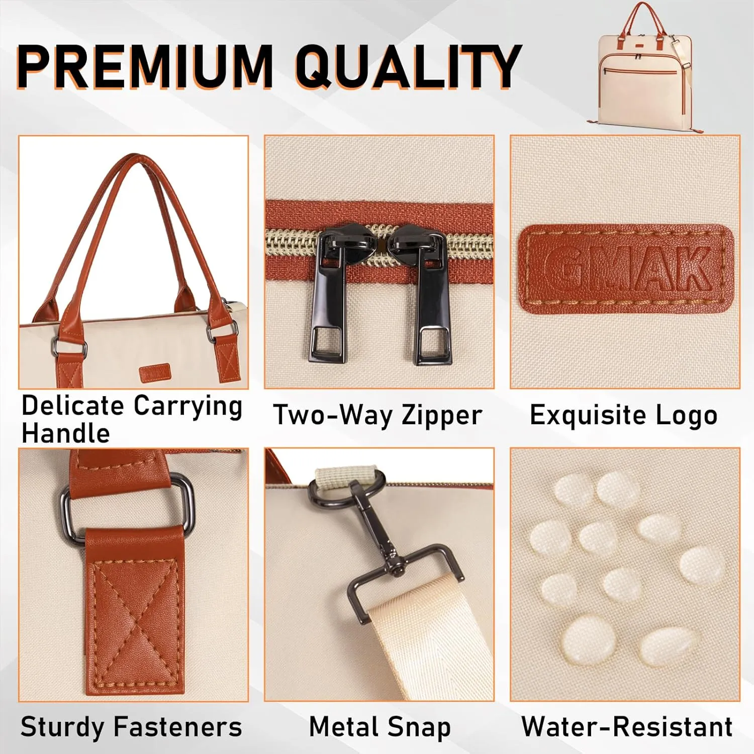 GMAK Travel Garment Bag, Heavy Duty Travel Suit Bag with Zipper Pocket, 47'' Carry on Garment Duffel Bags for Suits, Dresses, Coats, Tuxedos, Travel Essential Storage Tote Bag, Beige