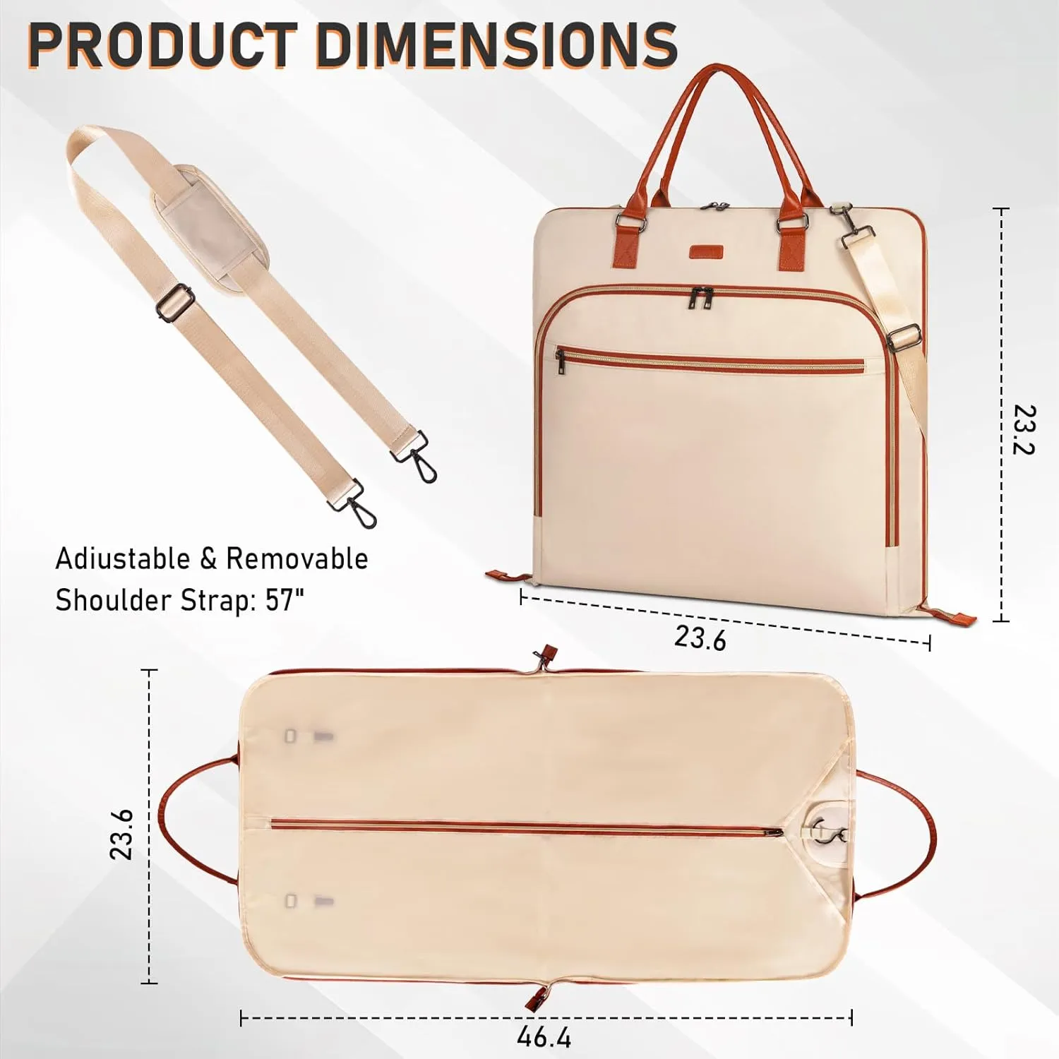 GMAK Travel Garment Bag, Heavy Duty Travel Suit Bag with Zipper Pocket, 47'' Carry on Garment Duffel Bags for Suits, Dresses, Coats, Tuxedos, Travel Essential Storage Tote Bag, Beige