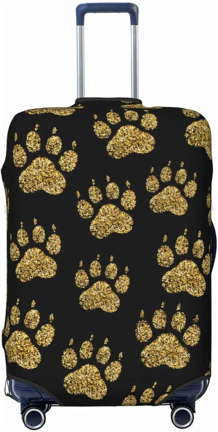 Golden Glitter Dog Paw print Travel Luggage Cover Fits 18-32 Inch Luggage, Stretch Suitcase Cover Protector with Concealed Zipper for Wheeled Suitcase Tsa Approved