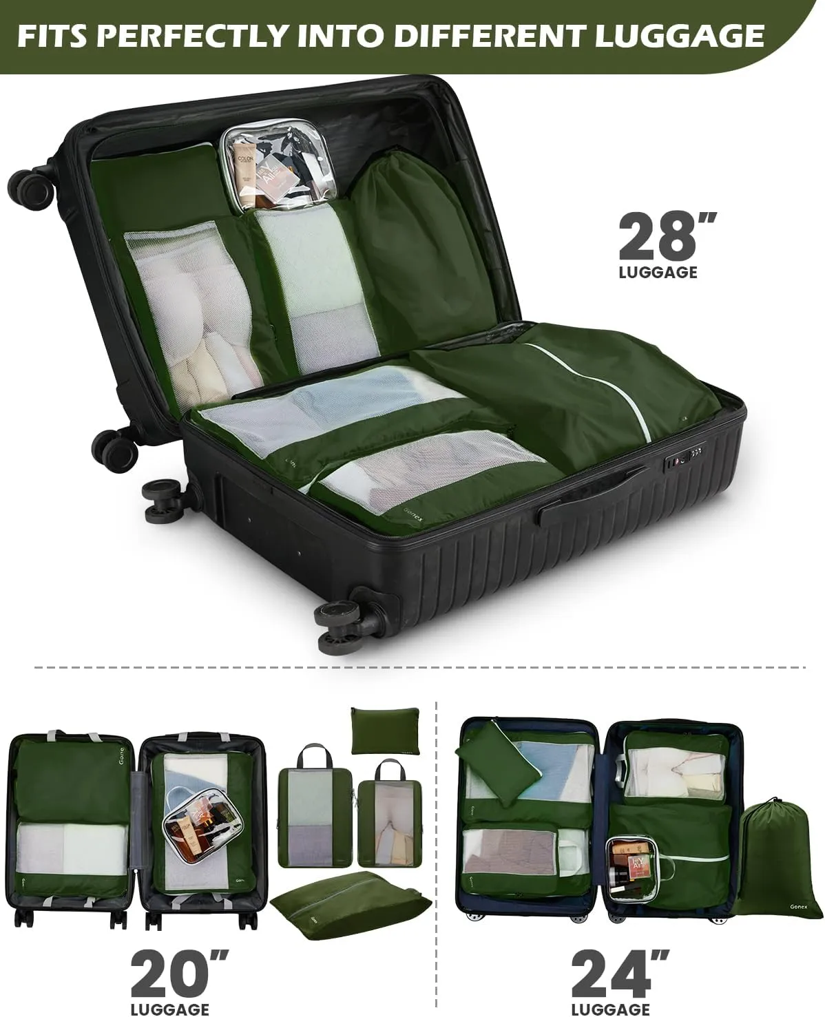 Gonex 8 Set Compression Packing Cubes for Travel, Expandable Mesh Packing Organizer for Travel Accessories Essentials with Toiletry Bag, Laundry Bag, Shoe Bag, Cable Bag for Carry On, Deep Green