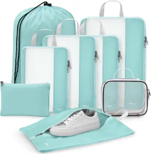 Gonex 8 Set Compression Packing Cubes for Travel, Expandable Mesh Packing Organizer for Travel Accessories Essentials with Toiletry Bag, Laundry Bag, Shoe Bag, Cable Bag for Suitcases, Dusty Teal