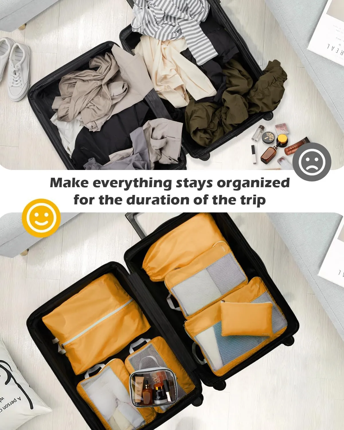 Gonex 8 Set Expandable Mesh Packing Cubes for Travel - Compression Packing Organizers with Toiletry, Laundry, Shoe & Cable Bags - Orange