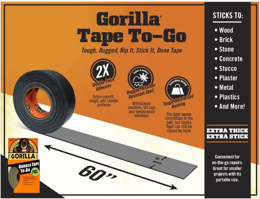 Gorilla 6100101-4 Duct Tape to-Go, 1" x 10 yd, Black, (Pack of 4), 4-Pack, 9 Count