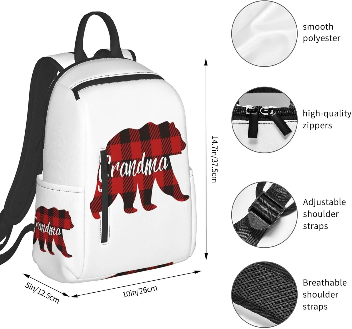Grandma Bear Red Black Plaid Casual Backpacks Large Capacity Laptop Backpack Sports Rucksack Travel Daypack Adjustable Shoulder Strap Work Bag for Outdoor Camping