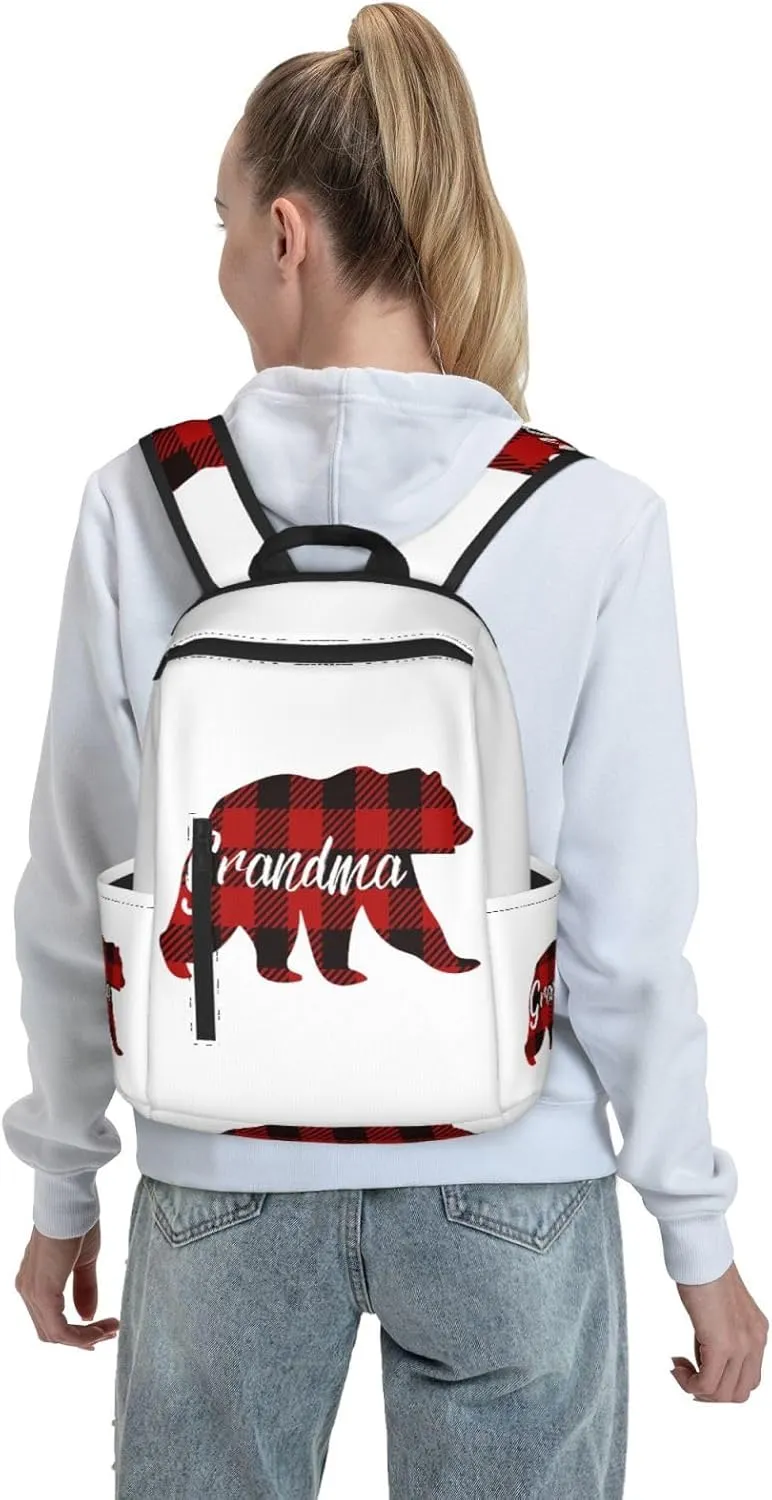Grandma Bear Red Black Plaid Casual Backpacks Large Capacity Laptop Backpack Sports Rucksack Travel Daypack Adjustable Shoulder Strap Work Bag for Outdoor Camping