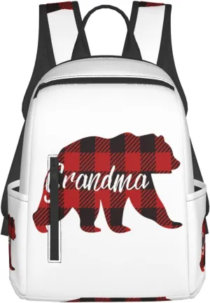 Grandma Bear Red Black Plaid Casual Backpacks Large Capacity Laptop Backpack Sports Rucksack Travel Daypack Adjustable Shoulder Strap Work Bag for Outdoor Camping