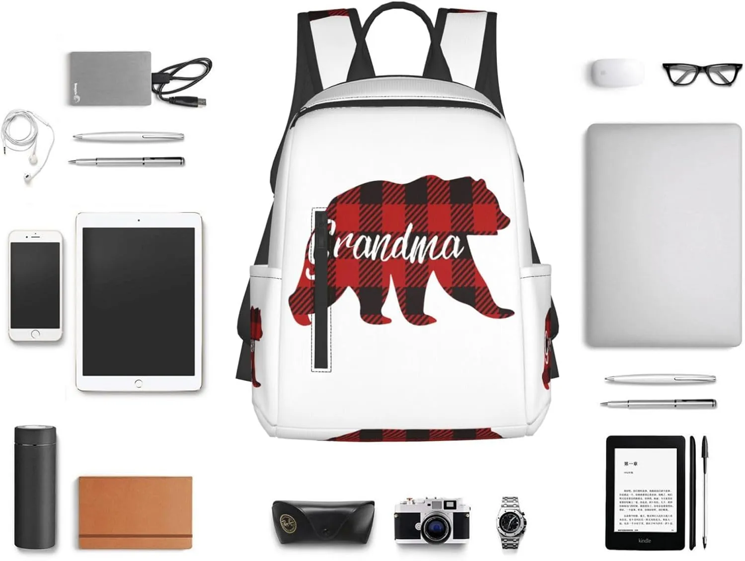 Grandma Bear Red Black Plaid Casual Backpacks Large Capacity Laptop Backpack Sports Rucksack Travel Daypack Adjustable Shoulder Strap Work Bag for Outdoor Camping