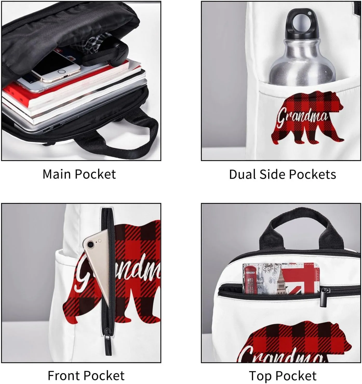Grandma Bear Red Black Plaid Casual Backpacks Large Capacity Laptop Backpack Sports Rucksack Travel Daypack Adjustable Shoulder Strap Work Bag for Outdoor Camping