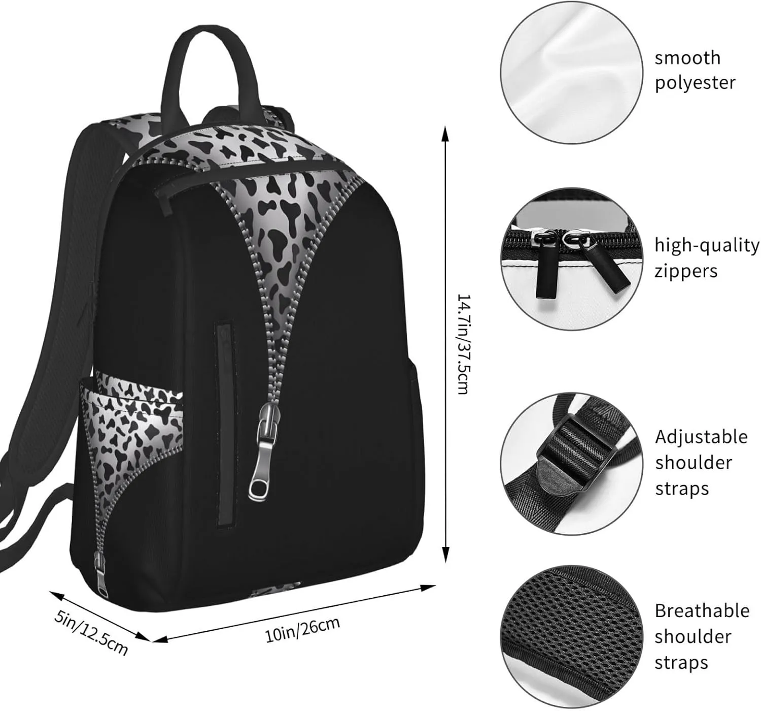 Gray Black Cow Skin Zipper Casual Backpacks Large Capacity Laptop Backpack Sports Rucksack Travel Daypack Adjustable Shoulder Strap Work Bag for Outdoor Camping