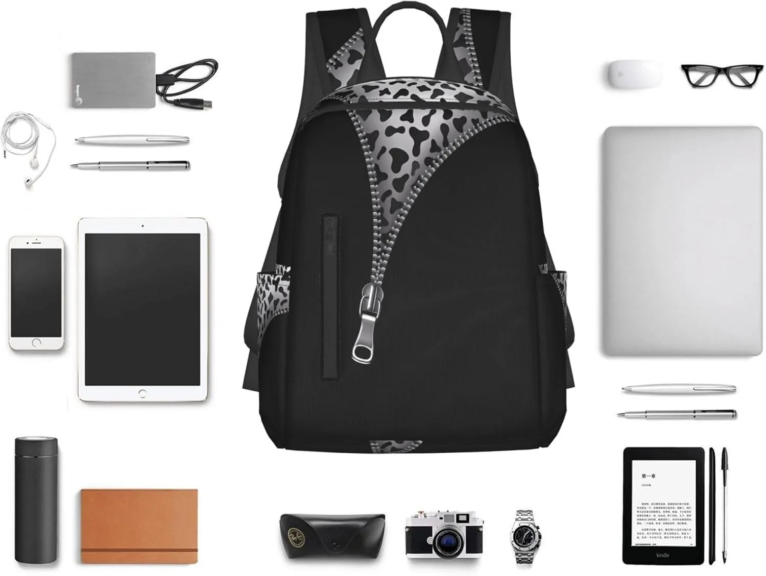 Gray Black Cow Skin Zipper Casual Backpacks Large Capacity Laptop Backpack Sports Rucksack Travel Daypack Adjustable Shoulder Strap Work Bag for Outdoor Camping