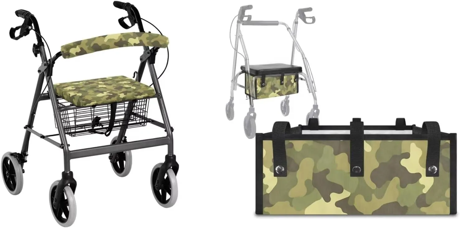 Green Camo 3Pcs Rollator Walker Decoration with Under Seat Bag Seat and Backrest Covers for Ladies Walker Seat Cushion Cover Soft Rollator Walker Basket for Senior