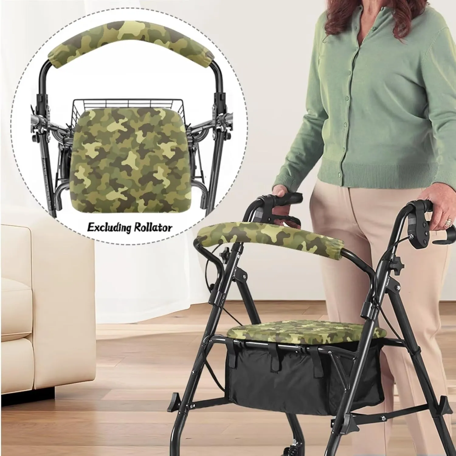 Green Camo 3Pcs Rollator Walker Decoration with Under Seat Bag Seat and Backrest Covers for Ladies Walker Seat Cushion Cover Soft Rollator Walker Basket for Senior