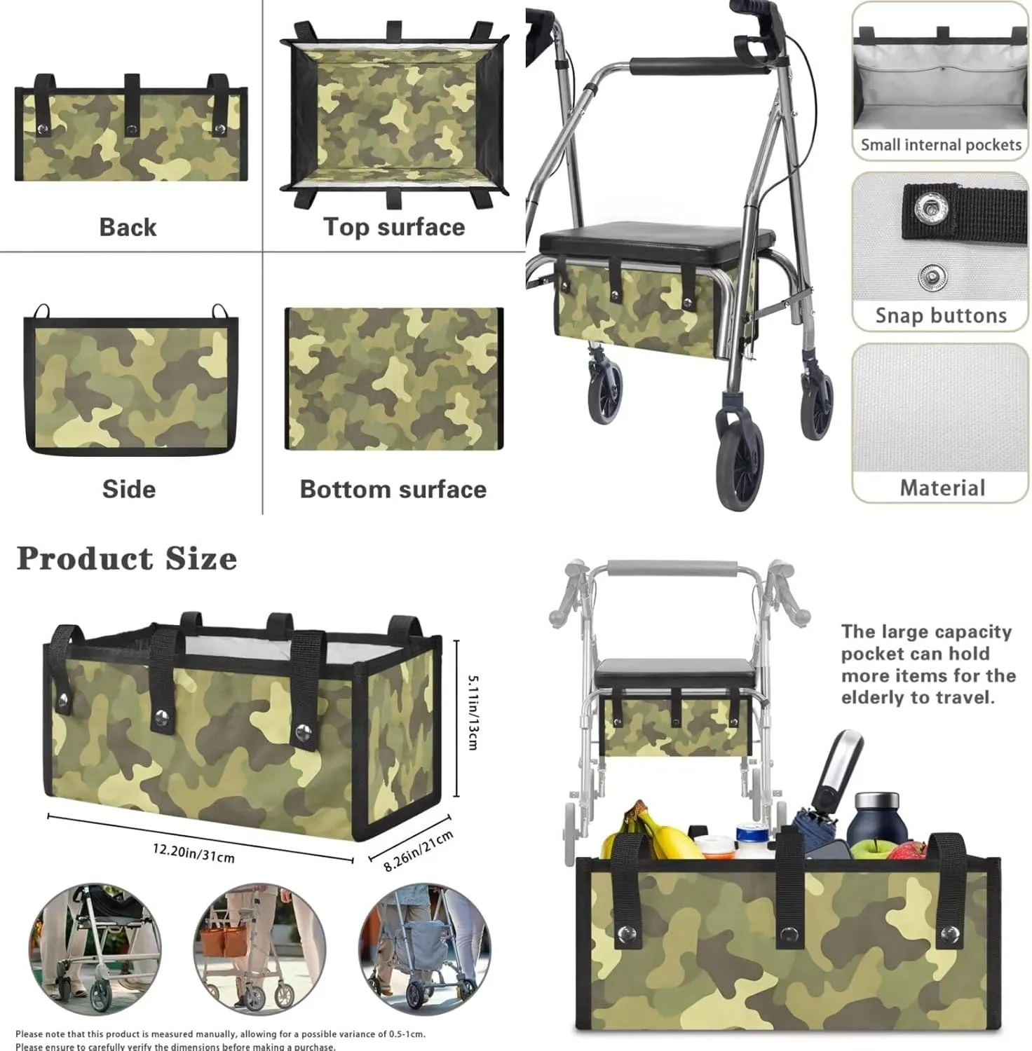 Green Camo 3Pcs Rollator Walker Decoration with Under Seat Bag Seat and Backrest Covers for Ladies Walker Seat Cushion Cover Soft Rollator Walker Basket for Senior