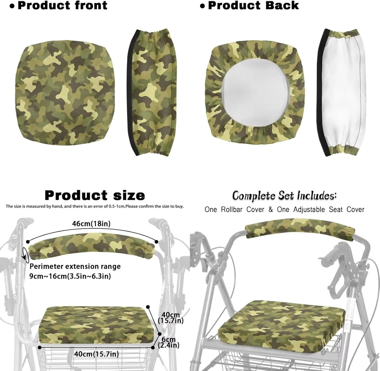 Green Camo 3Pcs Rollator Walker Decoration with Under Seat Bag Seat and Backrest Covers for Ladies Walker Seat Cushion Cover Soft Rollator Walker Basket for Senior