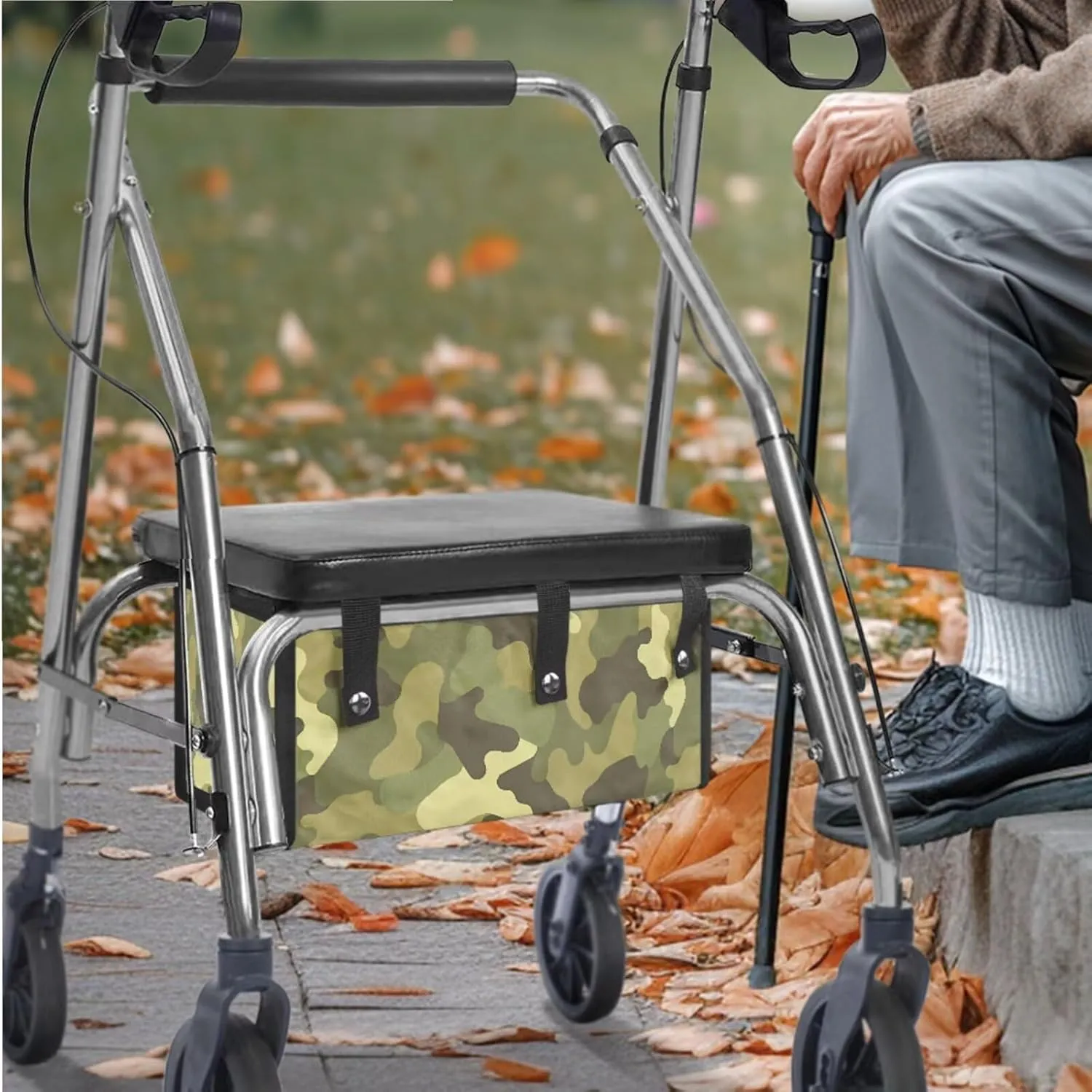 Green Camo 3Pcs Rollator Walker Decoration with Under Seat Bag Seat and Backrest Covers for Ladies Walker Seat Cushion Cover Soft Rollator Walker Basket for Senior