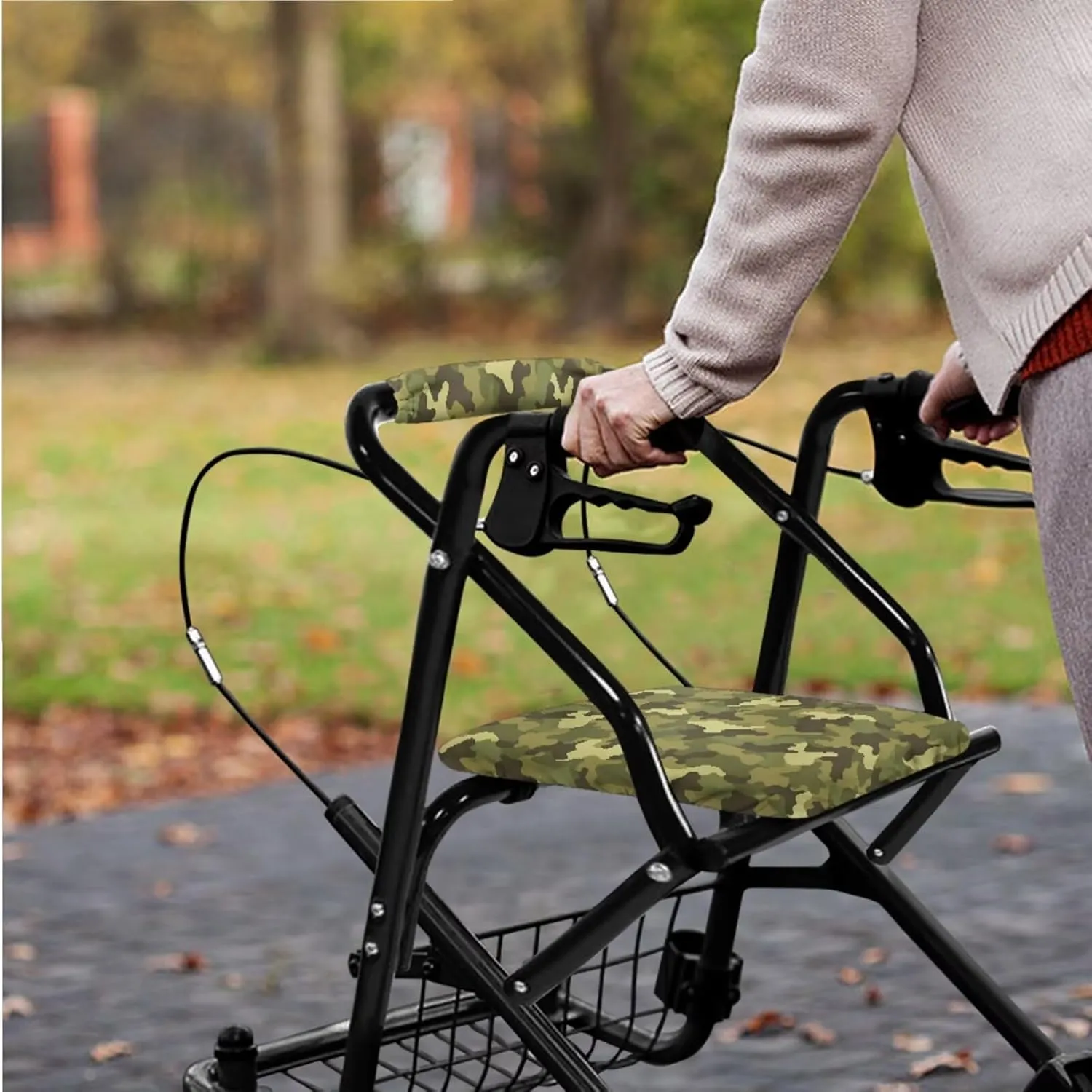 Green Camo 3Pcs Rollator Walker Decoration with Under Seat Bag Seat and Backrest Covers for Ladies Walker Seat Cushion Cover Soft Rollator Walker Basket for Senior
