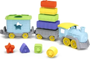 Green Toys Stack & Sort Train, Blue - 12 Piece Pretend Play, Motor Skills, Kids Toy Vehicle Playset. No BPA, phthalates, PVC. Dishwasher Safe, Recycled Plastic, Made in USA.