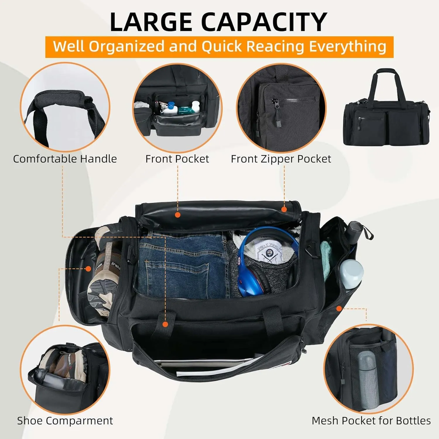 Gym Bag for Men 60L Sports Duffel Bags Women Carry on Garment Bags for Travel with Shoe Compartment & Wet Pocket Water Resistant Travel Duffel Bag Lightweight Weekender Overnight Bag,Black