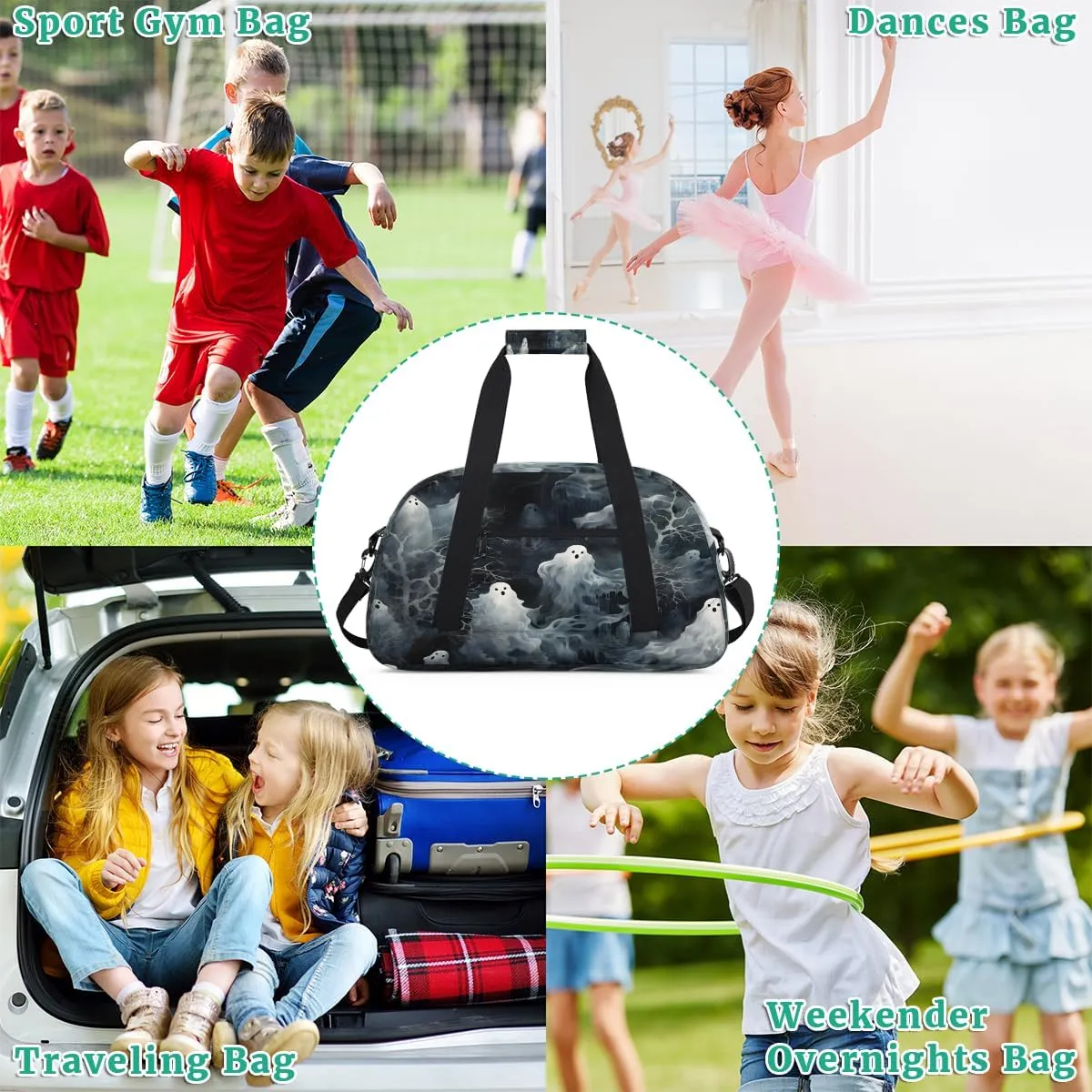 Halloween Ghost Kids Overnighter Duffel Bags for Boys, Carry-On Size Sports Gym Bag with Front Zipper Pocket for School Practice or Overnight Travel Weekender Sleepover Tote Bag