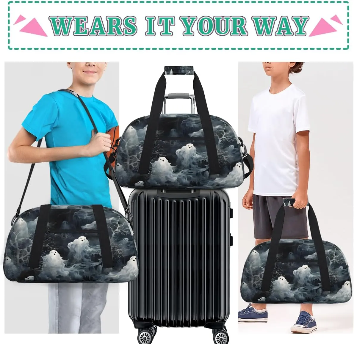 Halloween Ghost Kids Overnighter Duffel Bags for Boys, Carry-On Size Sports Gym Bag with Front Zipper Pocket for School Practice or Overnight Travel Weekender Sleepover Tote Bag
