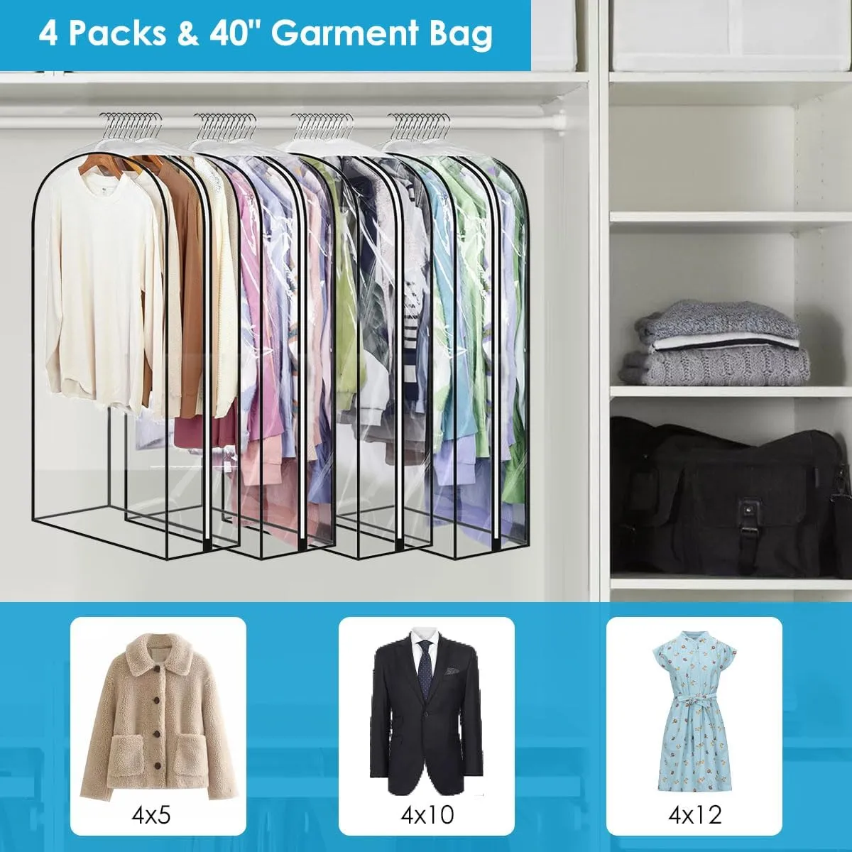 Hanging Bags for Clothes Storage - 40" Clear Zippered Bags with 10" Gusset, Waterproof for Shirts, Coats, Dresses, Suits (4 Pack)
