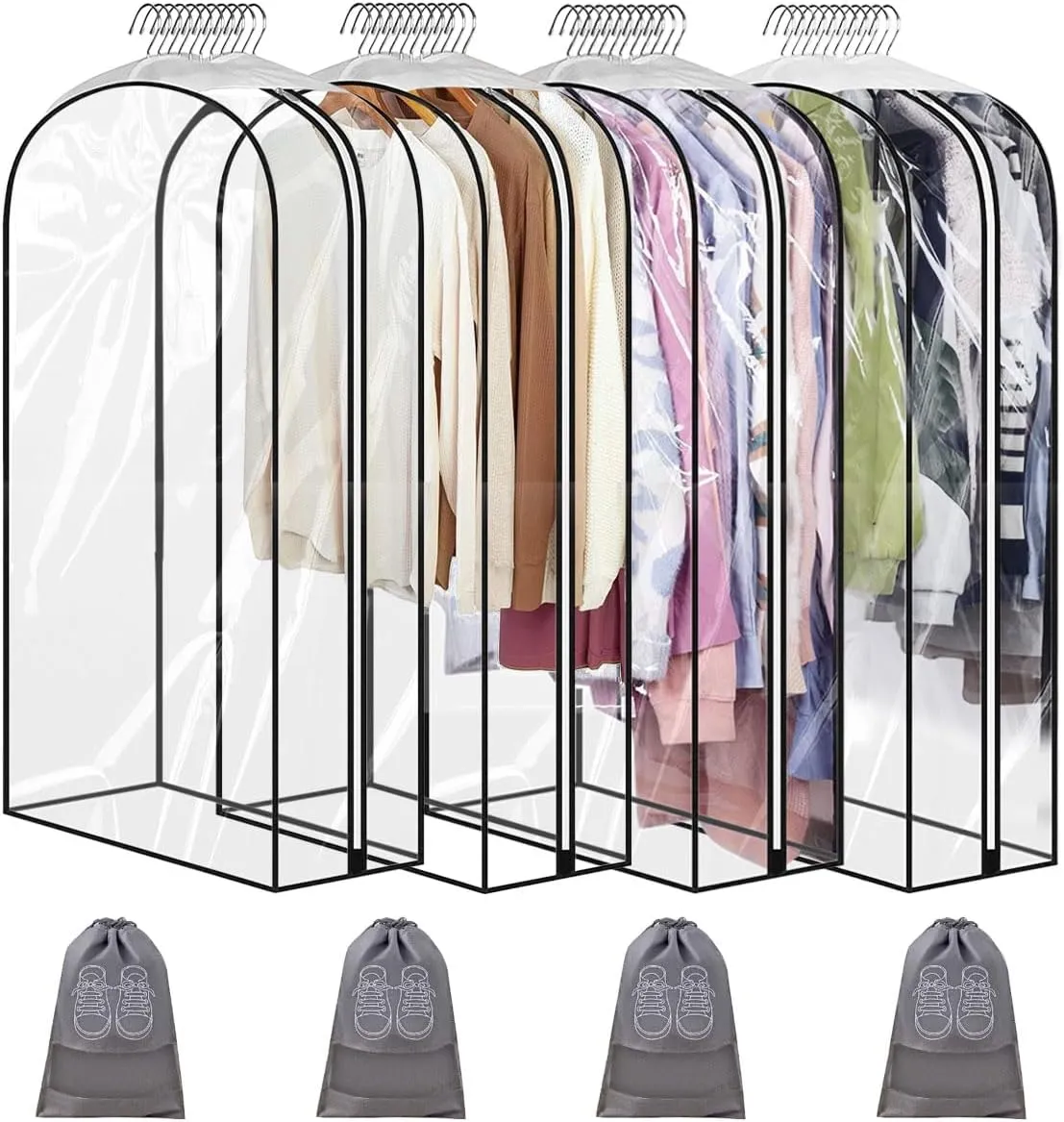 Hanging Bags for Clothes Storage - 40" Clear Zippered Bags with 10" Gusset, Waterproof for Shirts, Coats, Dresses, Suits (4 Pack)