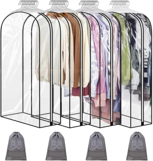Hanging Bags for Clothes Storage - 40" Clear Zippered Bags with 10" Gusset, Waterproof for Shirts, Coats, Dresses, Suits (4 Pack)