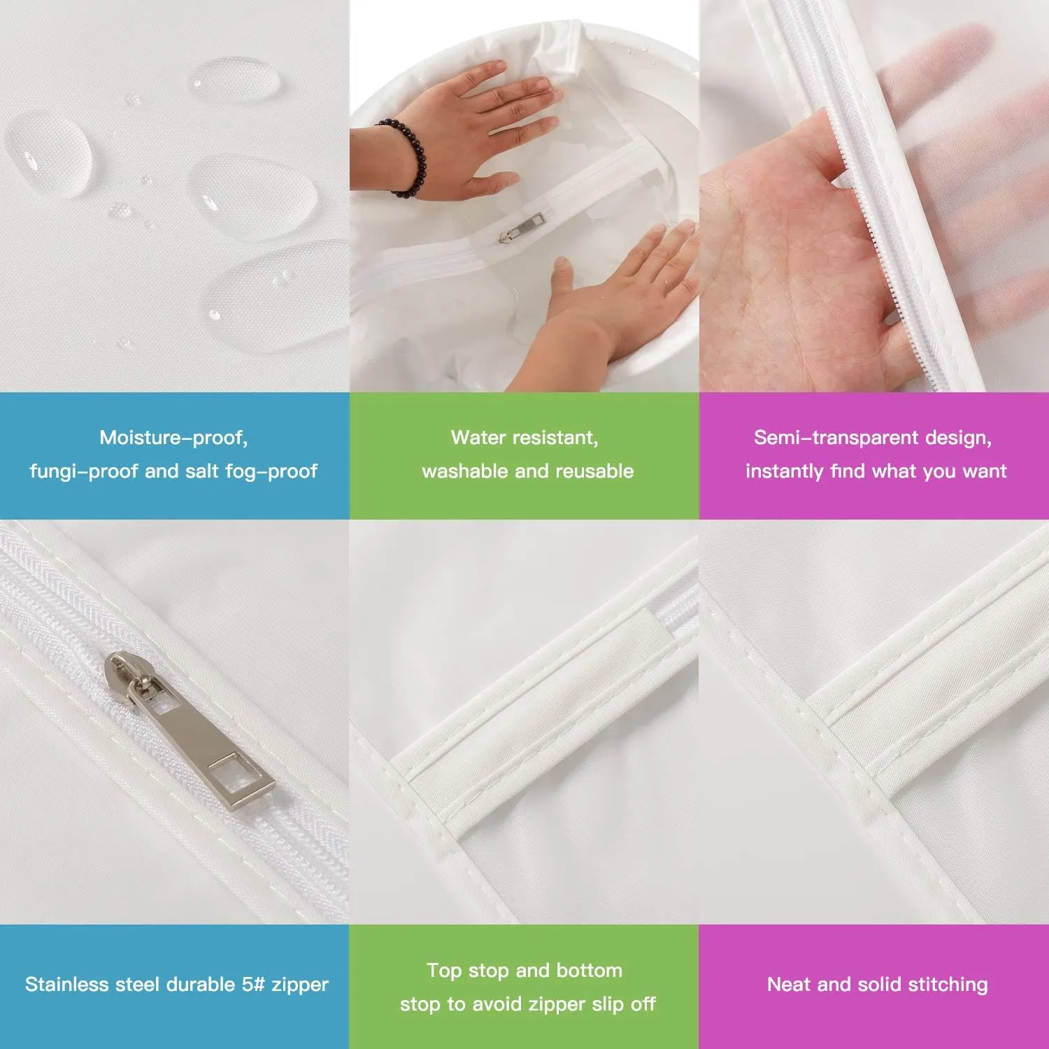 Hanging Garment Bags 7 Piece Set - 48 Inch Translucent Dust Proof Clothes Bag White Breathable Full Zipper Dust Cover for Suit Sweaters windbreaker Shirts Sports Jackets
