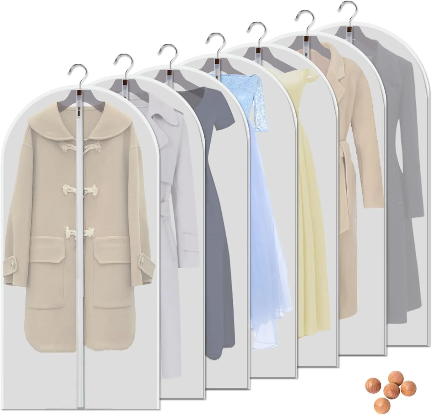 Hanging Garment Bags 7 Piece Set - 48 Inch Translucent Dust Proof Clothes Bag White Breathable Full Zipper Dust Cover for Suit Sweaters windbreaker Shirts Sports Jackets
