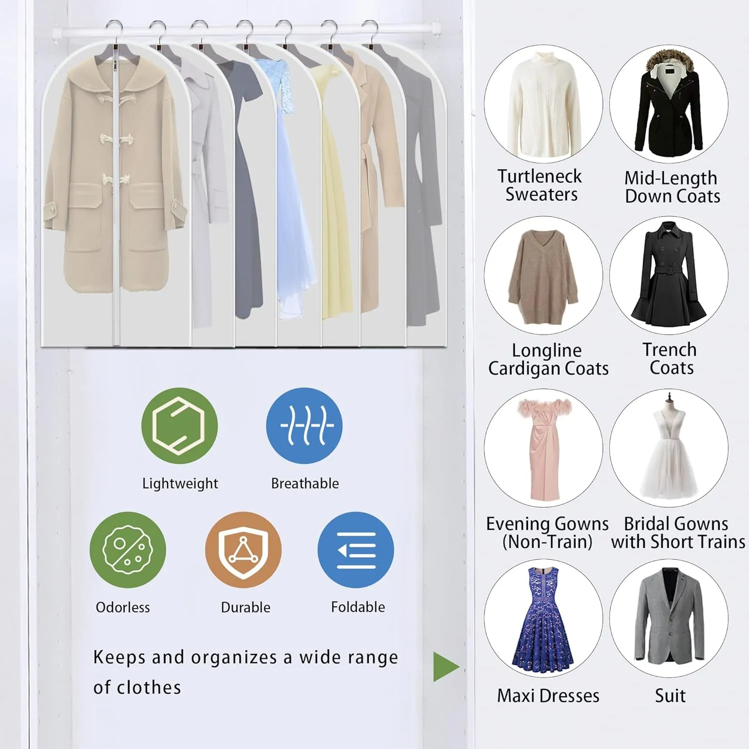 Hanging Garment Bags 7 Piece Set - 48 Inch Translucent Dust Proof Clothes Bag White Breathable Full Zipper Dust Cover for Suit Sweaters windbreaker Shirts Sports Jackets
