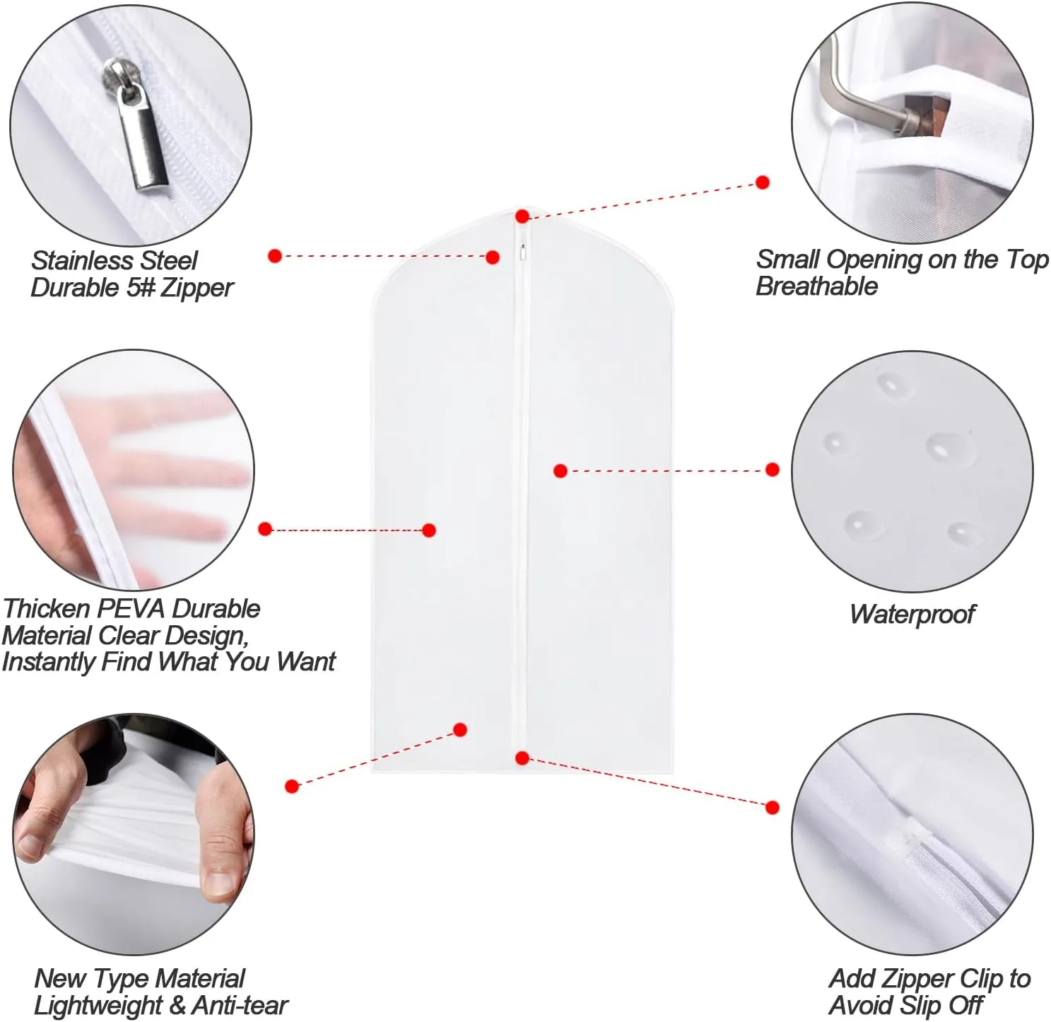 Hanging Garment Bags Cover 24''X48'' Lightweight Clear White Suit Protector Cover Bag (Pack of 6) with Study Full Zipper for Suit Clothes Storage Closet