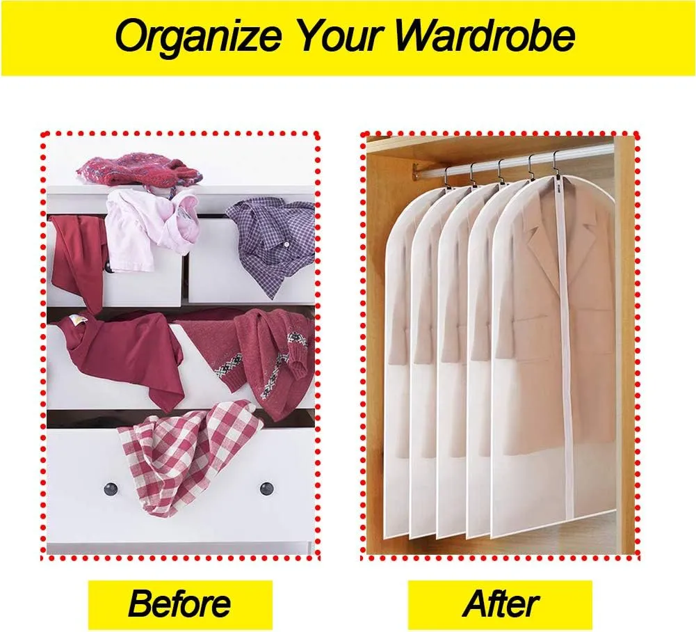 Hanging Garment Bags Cover 24''X48'' Lightweight Clear White Suit Protector Cover Bag (Pack of 6) with Study Full Zipper for Suit Clothes Storage Closet