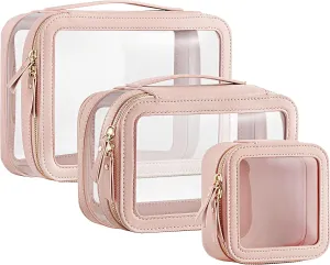 HBlife Clear Makeup Bag Organizer Set, Portable Travel Toiletry Cosmetic Case for Women, Large Make Up Bag Transparent Storage Pouch with Handle(Pink)