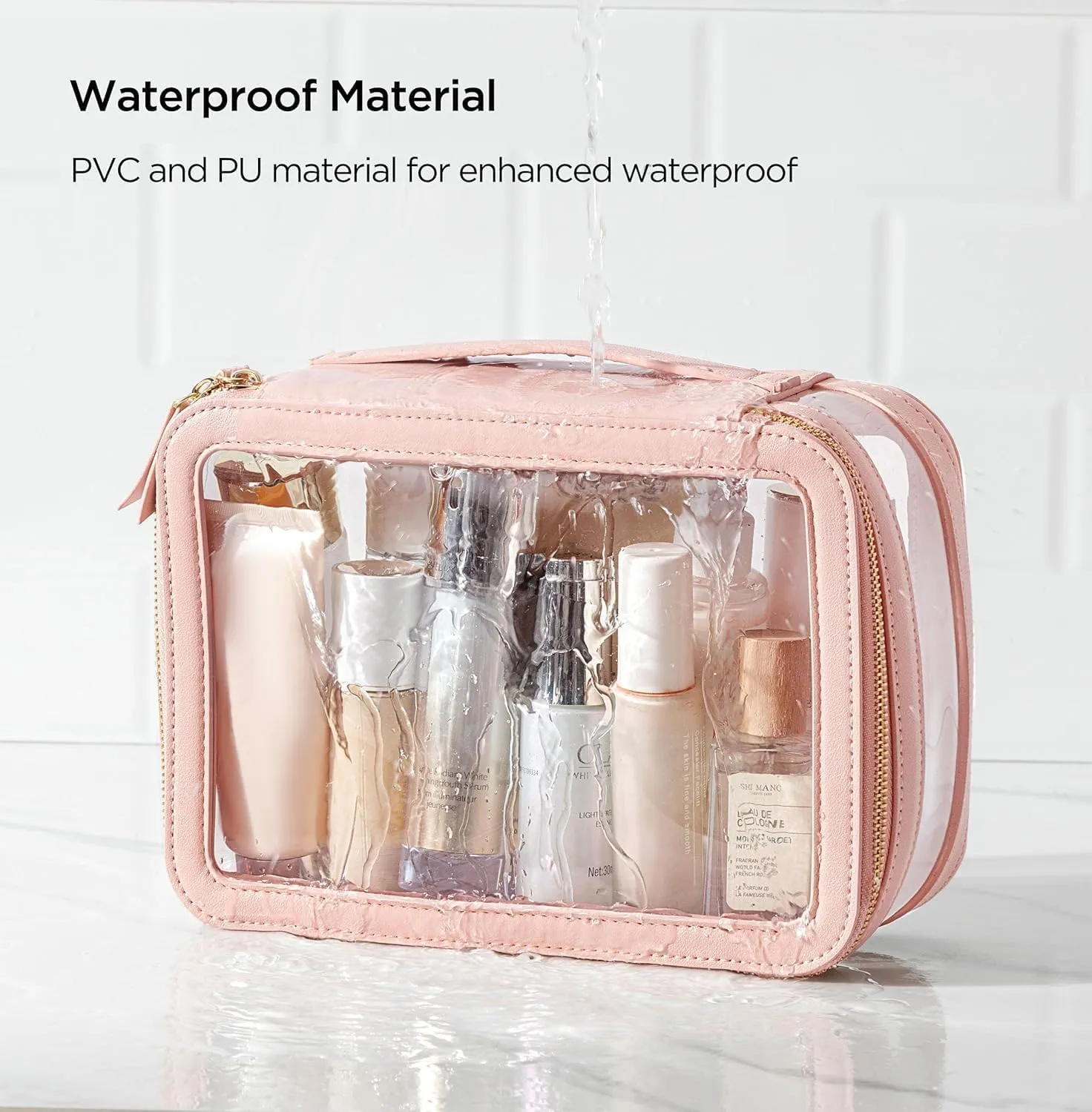 HBlife Clear Makeup Bag Organizer Set, Portable Travel Toiletry Cosmetic Case for Women, Large Make Up Bag Transparent Storage Pouch with Handle(Pink)