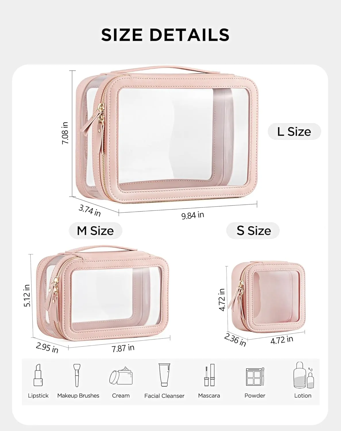 HBlife Clear Makeup Bag Organizer Set, Portable Travel Toiletry Cosmetic Case for Women, Large Make Up Bag Transparent Storage Pouch with Handle(Pink)
