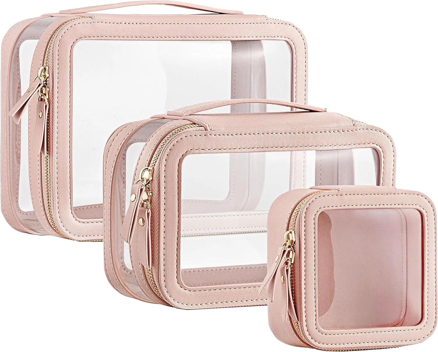 HBlife Clear Makeup Bag Organizer Set, Portable Travel Toiletry Cosmetic Case for Women, Large Make Up Bag Transparent Storage Pouch with Handle(Pink)