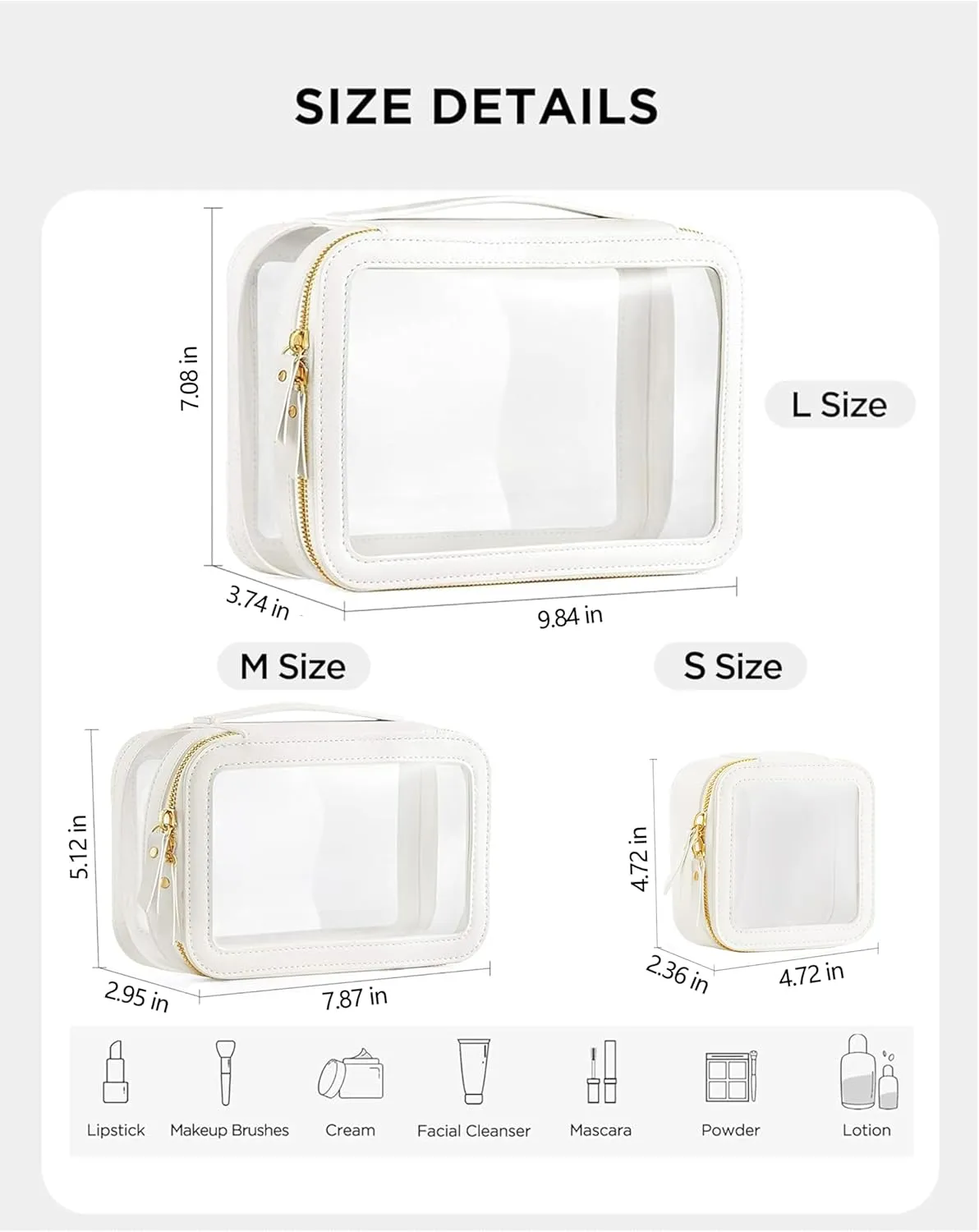 HBlife Clear Makeup Organizer Set, Portable Travel Toiletry Cosmetic Case for Women, Large Make Up Train Case Transparent Storage Pouch with Handle(White)
