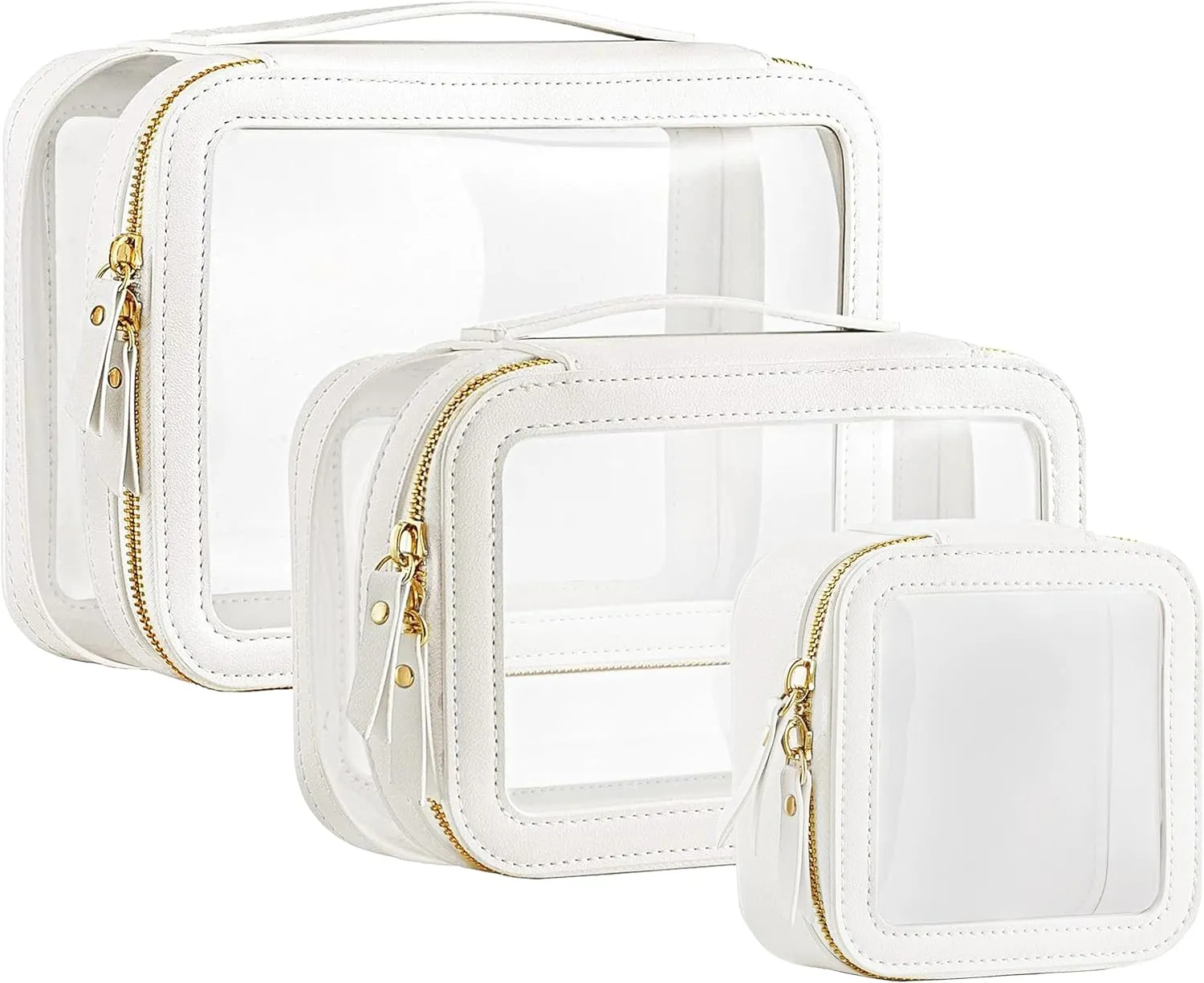 HBlife Clear Makeup Organizer Set, Portable Travel Toiletry Cosmetic Case for Women, Large Make Up Train Case Transparent Storage Pouch with Handle(White)