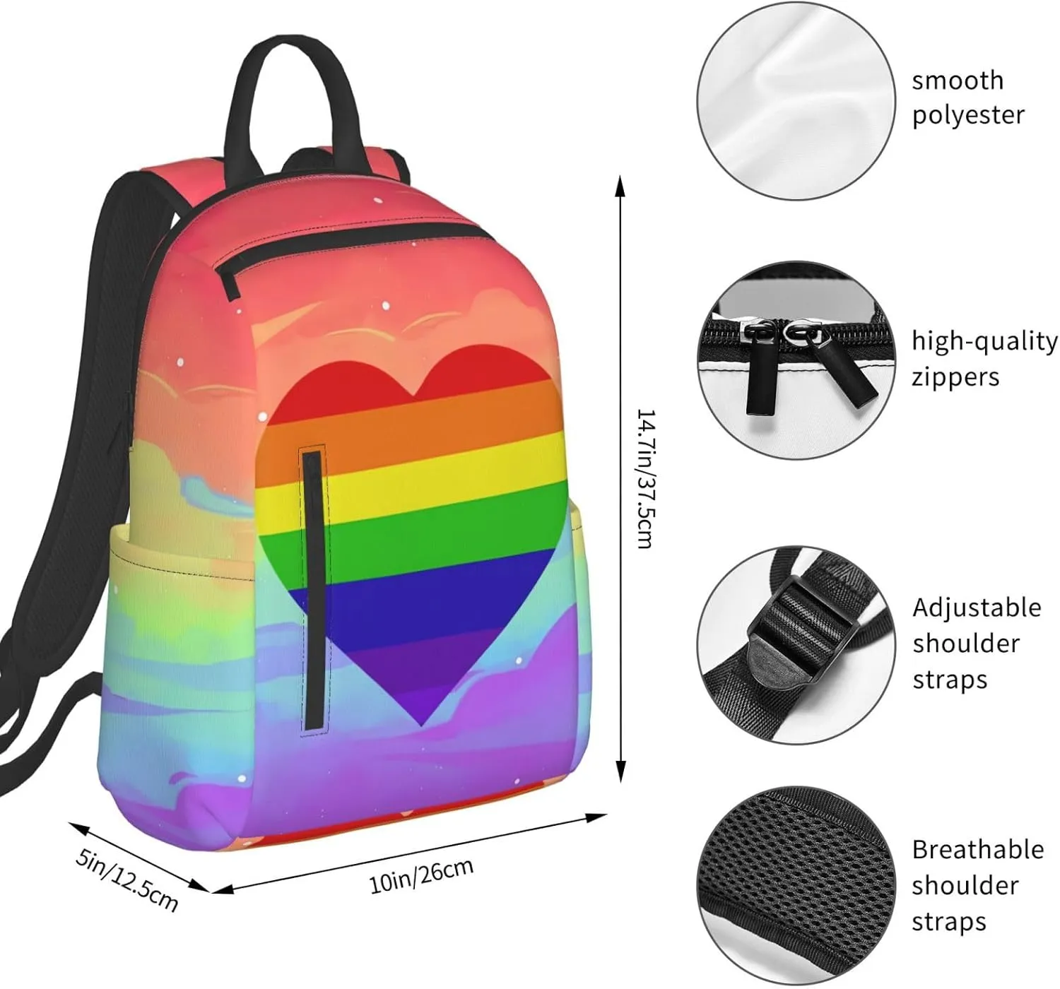Heart LGBT Rainbow Gay Pride Travel Laptop Backpack Casual Backpacks Double Shoulder Daypack Notebook Rucksack Work Bags Sports Bag for Gym Hiking Camping Beach