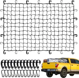 Heavy Duty Cargo Net for Pickup Truck Bed - 4' x 6' Stretches to 10' x 15' - Small 4"x4" Latex Bungee Net Mesh with 24 Clips - Compatible with Ford, Chevy, Dodge Ram, Toyota