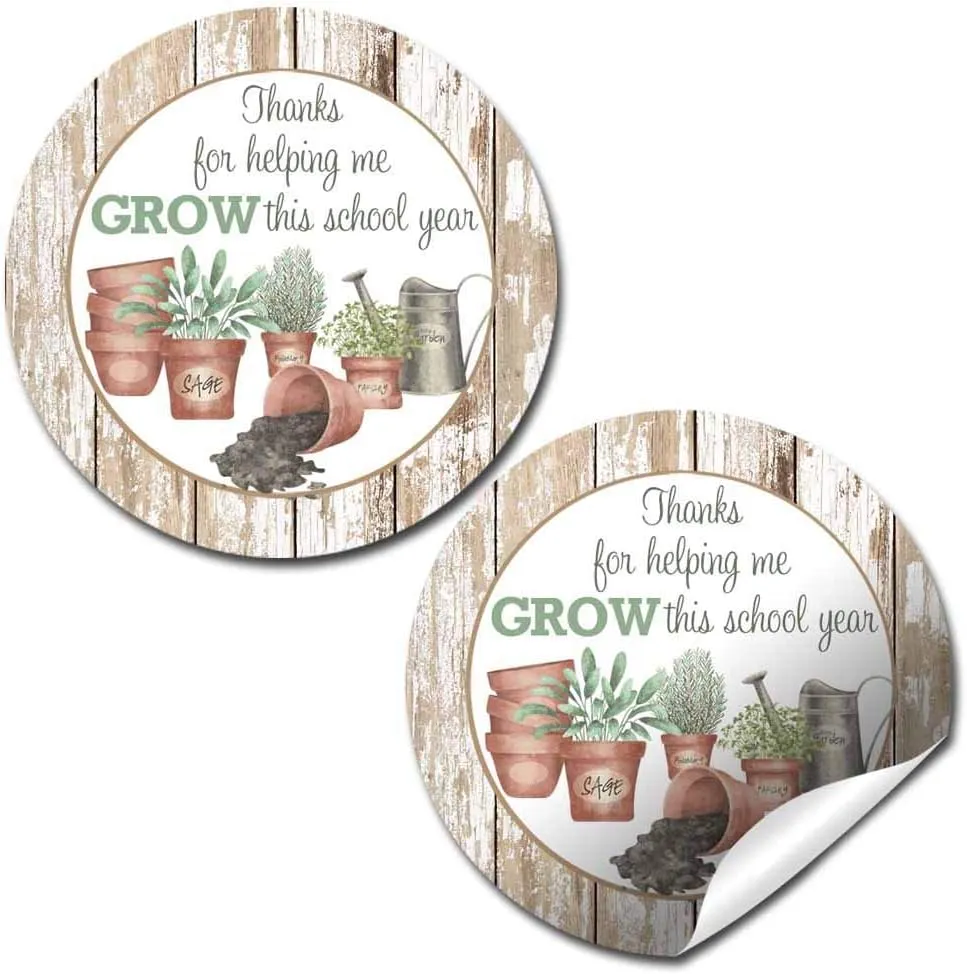 Helping Me Grow Garden Themed Teacher Appreciation Thank You Sticker Labels, 40 2" Party Circle Stickers by AmandaCreation, Great for Envelope Seals & Gift Bags