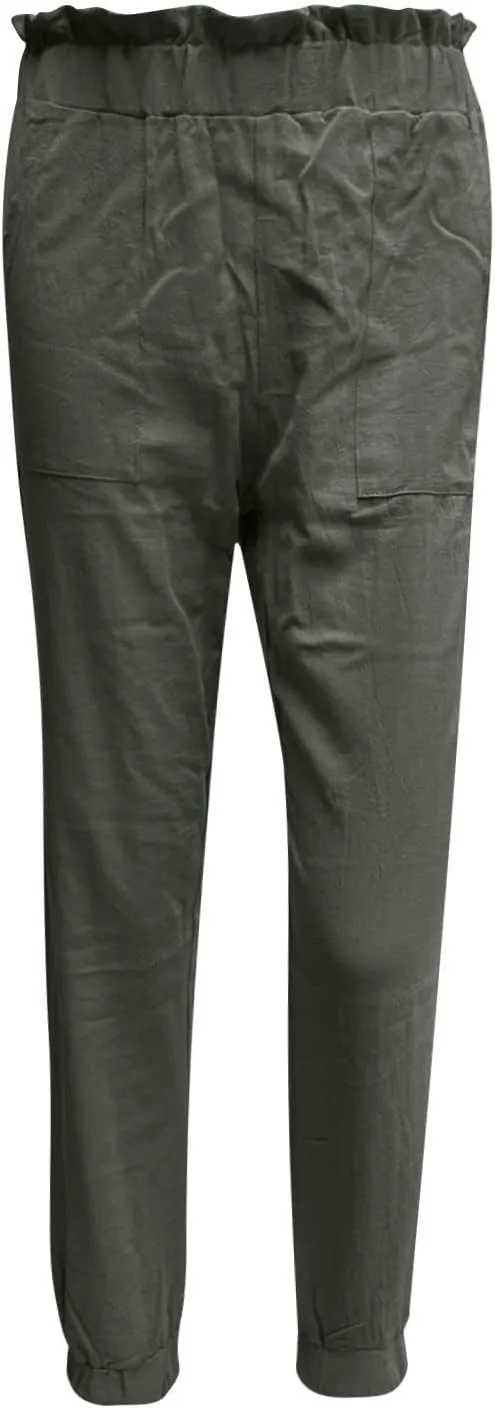 HGps8w Paperbag Summer Linen Pants for Women Elastic High Waist Tapered Pants Business Casual Work Trousers with Pockets