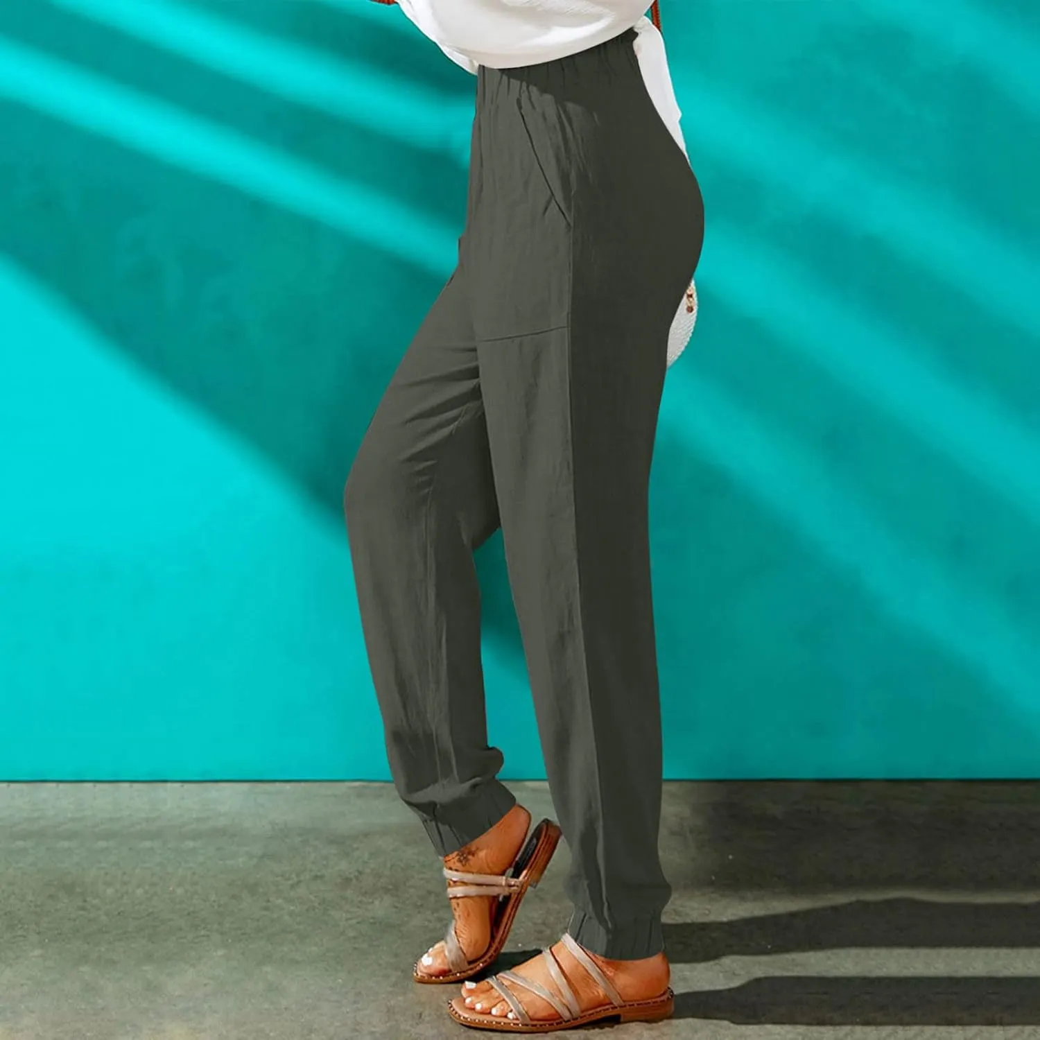 HGps8w Paperbag Summer Linen Pants for Women Elastic High Waist Tapered Pants Business Casual Work Trousers with Pockets