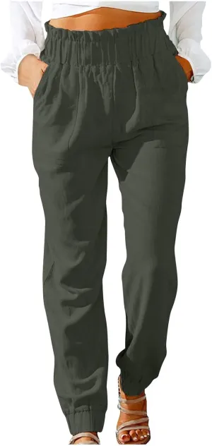 HGps8w Paperbag Summer Linen Pants for Women Elastic High Waist Tapered Pants Business Casual Work Trousers with Pockets