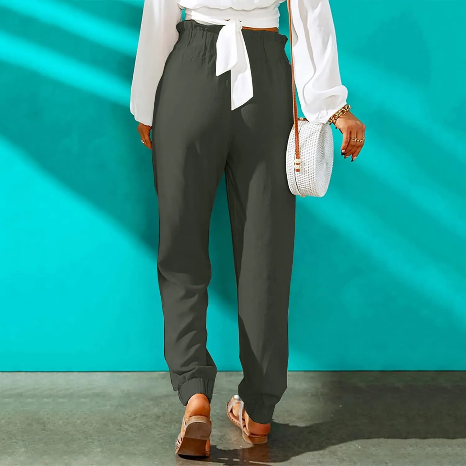 HGps8w Paperbag Summer Linen Pants for Women Elastic High Waist Tapered Pants Business Casual Work Trousers with Pockets