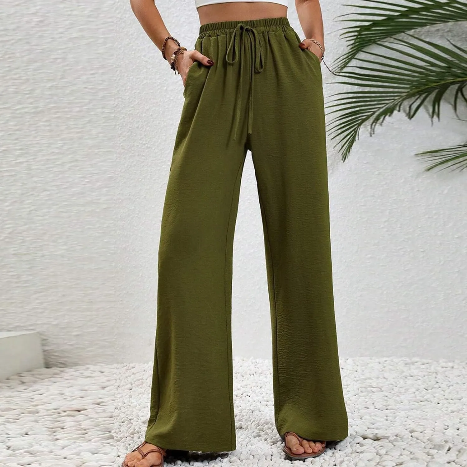 HGps8w Wide Leg Linen Pants for Women Solid Color Elastic High Waist Drawstring Loose Comfy Lounge Pants with Pockets