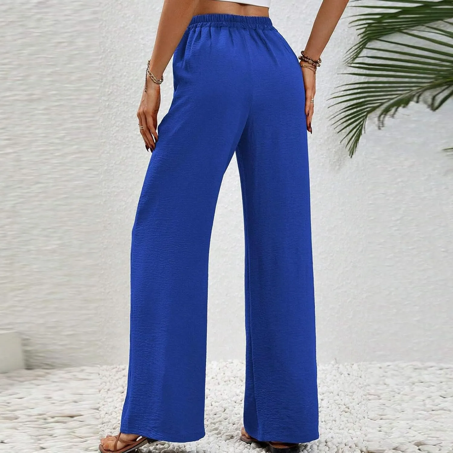 HGps8w Wide Leg Linen Pants for Women Solid Color Elastic High Waist Drawstring Loose Comfy Lounge Pants with Pockets